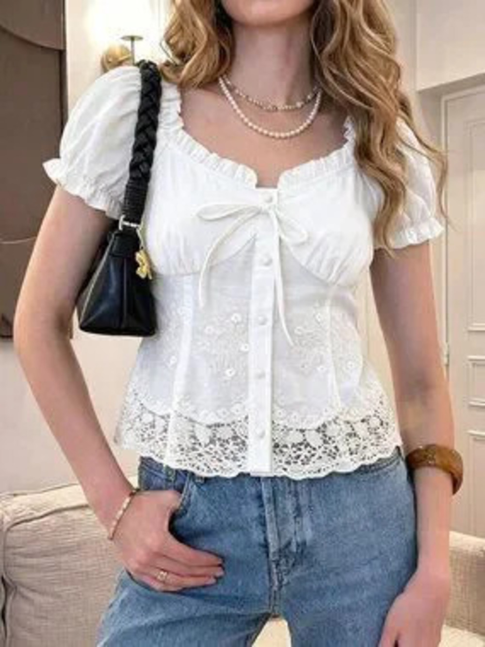 ZARA White Casual Women's Tie-Up Lace Patchwork Floral Off-Shoulder Blouse